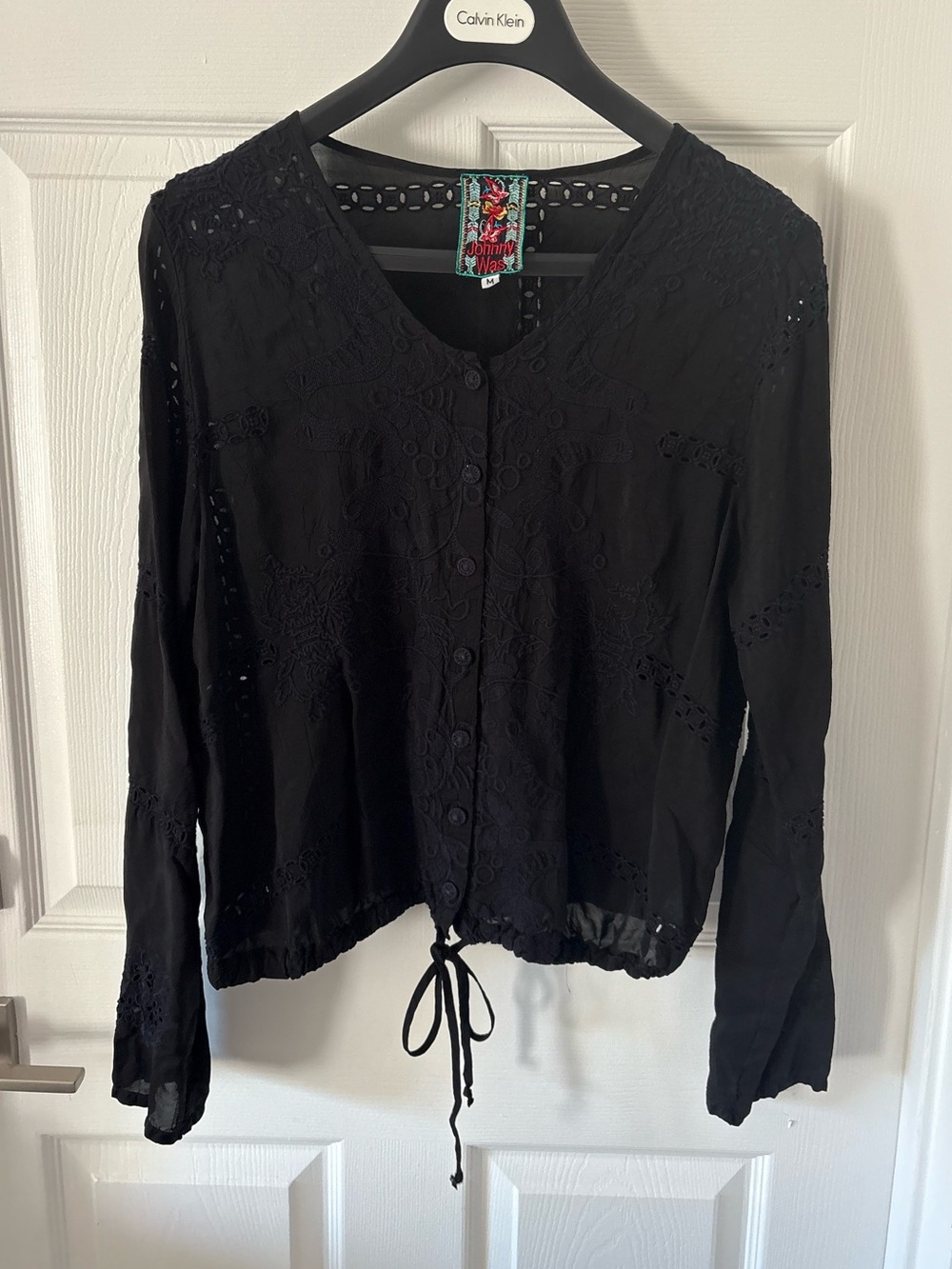 Johnny Was Black Embroidered Eyelet Button-Front Boho Blouse Size M